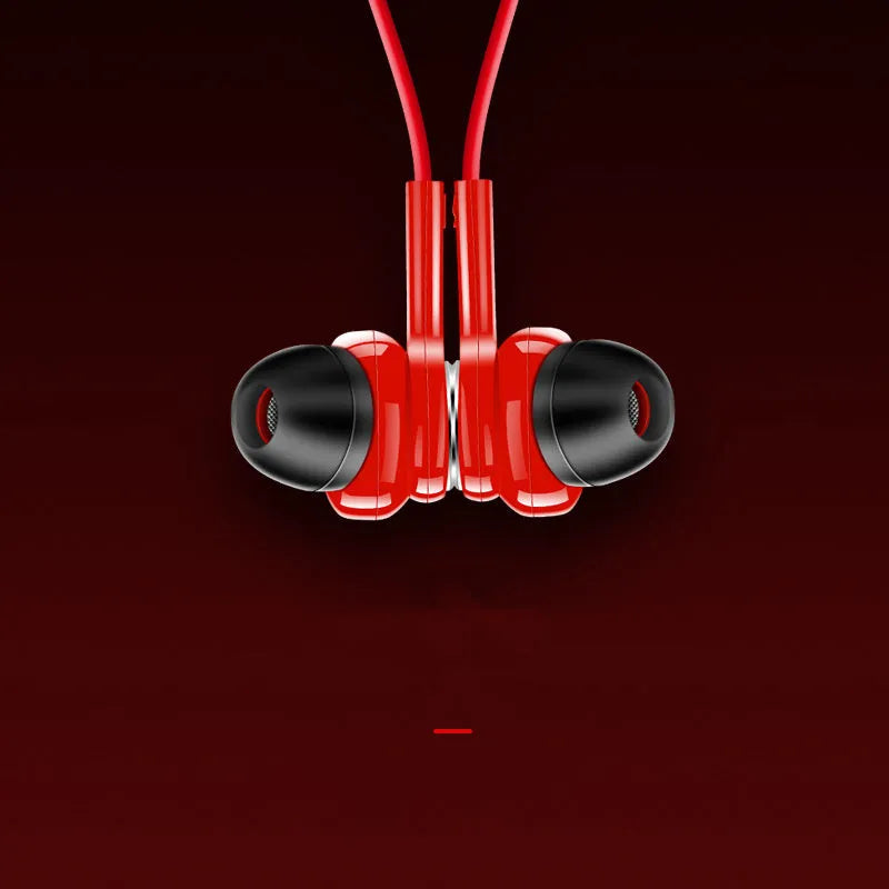 Neckband sports Bluetooth earphones in black, red, or white with earpieces and a USB cable.