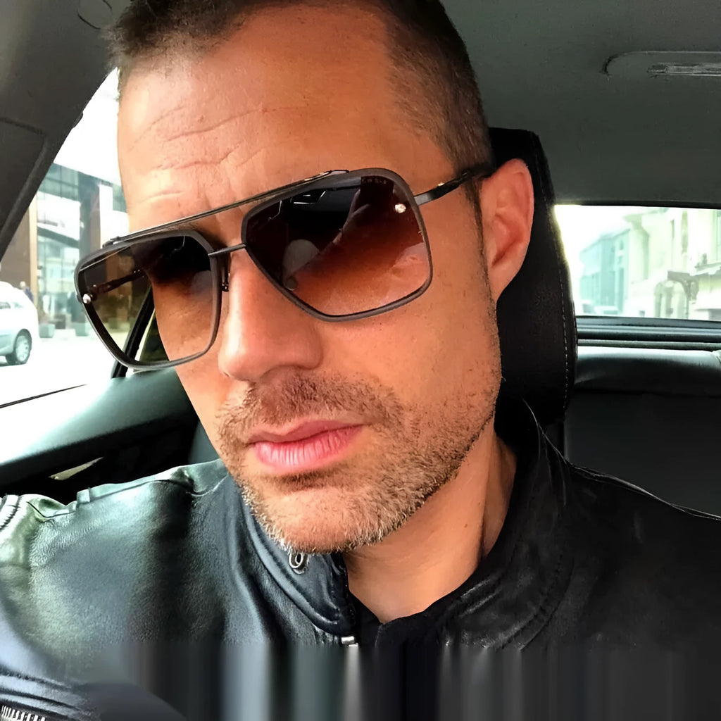 Men's Double Beam Trimmed Metal Box Sunglasses UV400 Sun Protection for Driving Fishing Travel Outdoor Sports Black Frame with Black Gray Patches