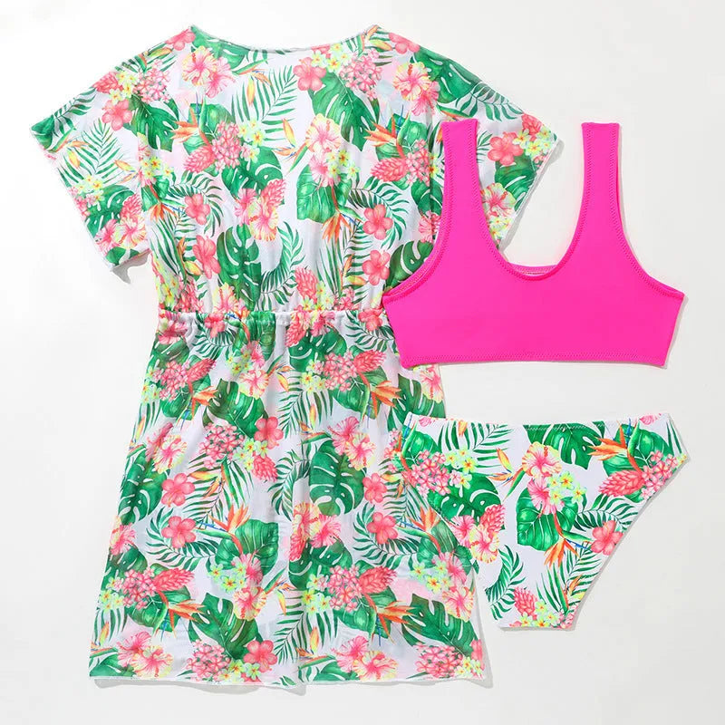 Girls' two-piece swimsuit with Korean floral pattern in polyester fabric, sizes 130cm to 160cm for ages 3-12