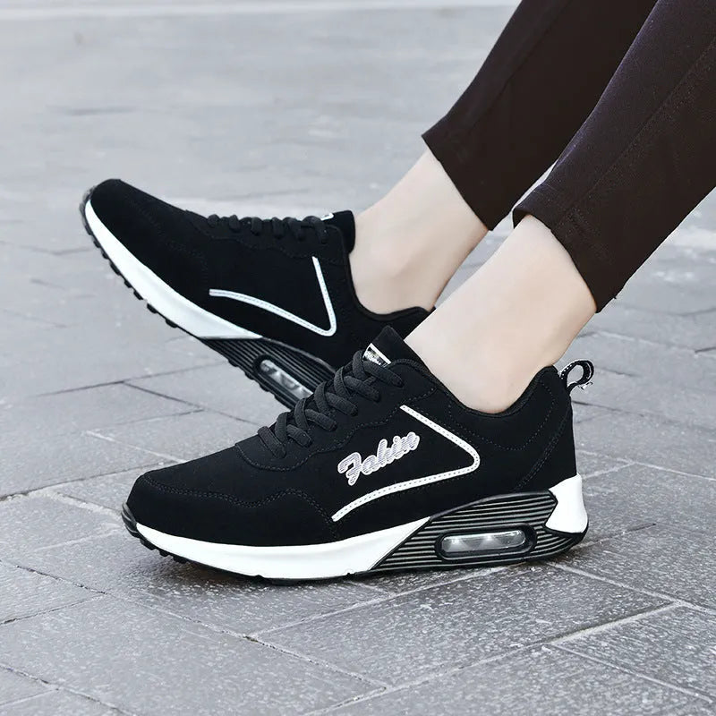 Women's plus size air cushion sports shoes, artificial leather, round toe, lace-up, low top, flat heel, in black pink colourway