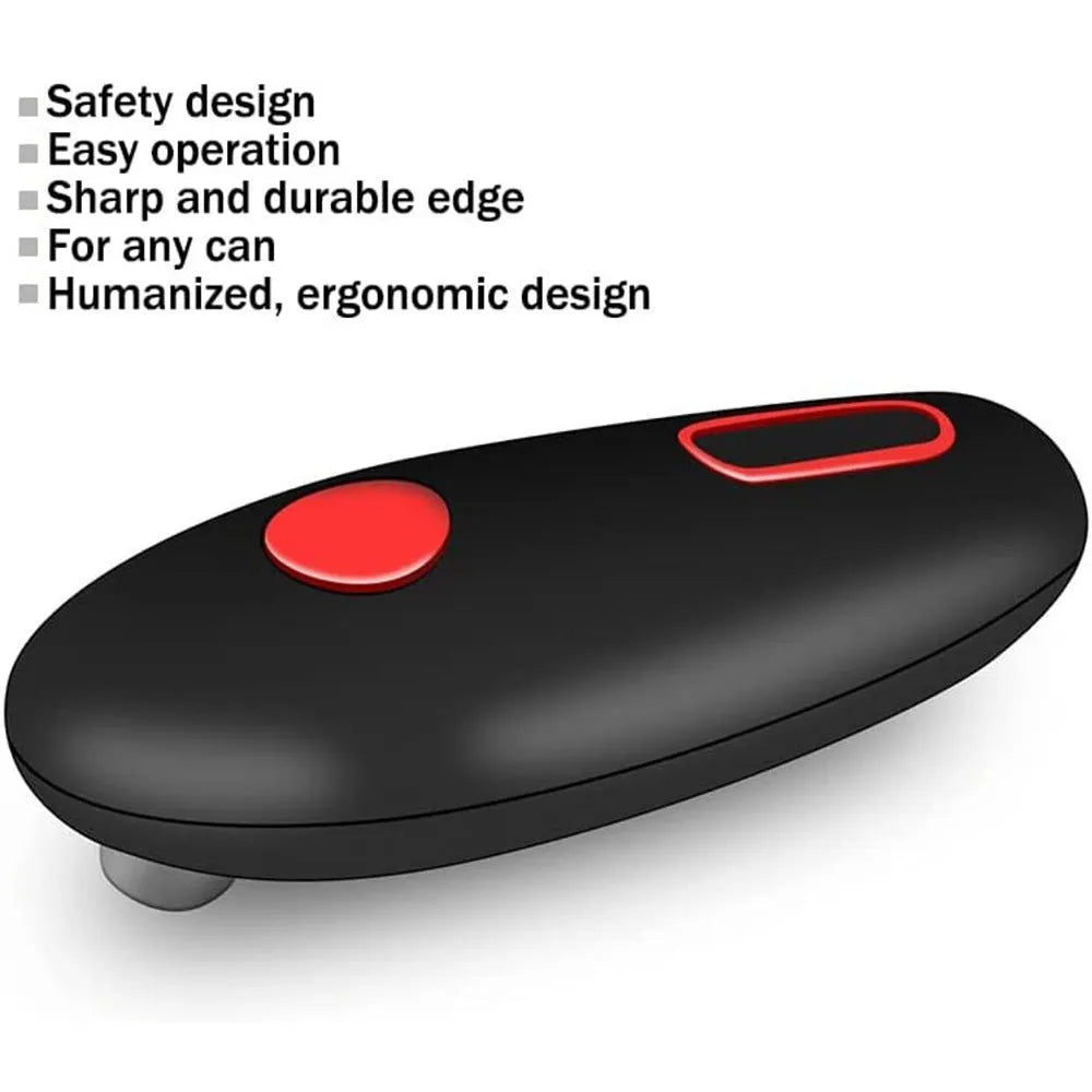 Black electric can opener with compact plastic design for hands-free opening