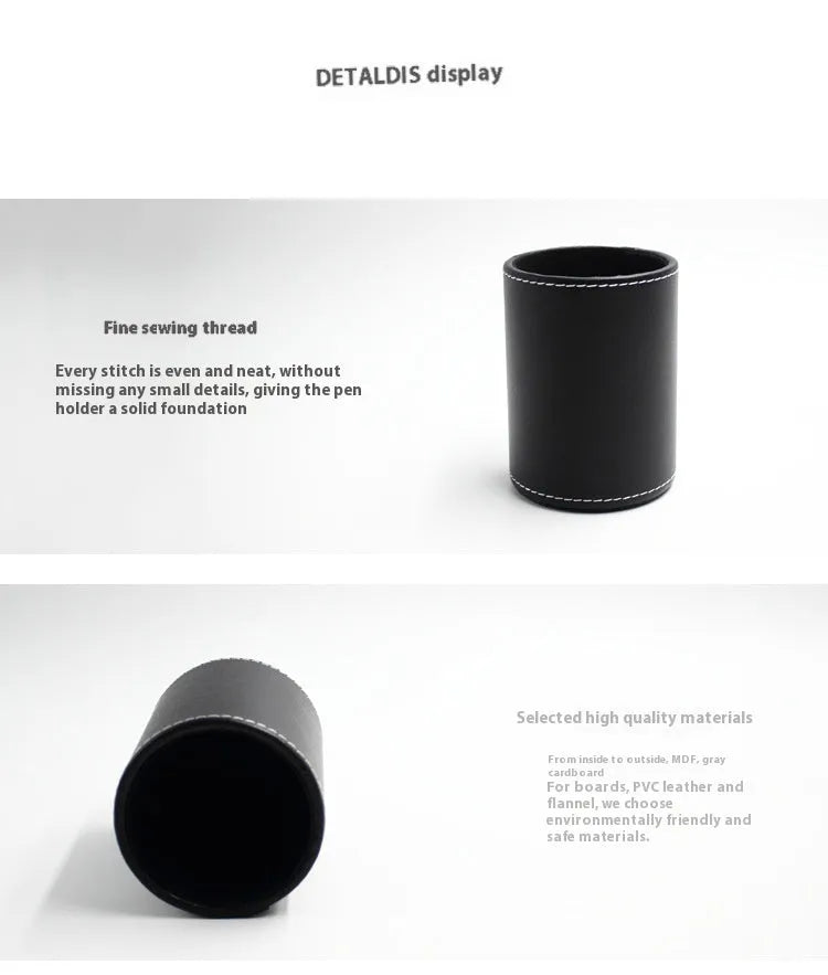 Round black leather pen holder with 8cm diameter and 10.8cm height cylindrical design