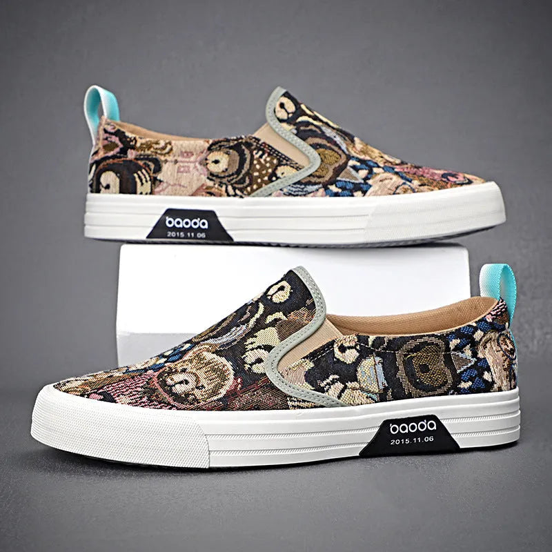 Canvas slip-on sneakers in khaki, grey green, or black with vulcanised rubber sole.