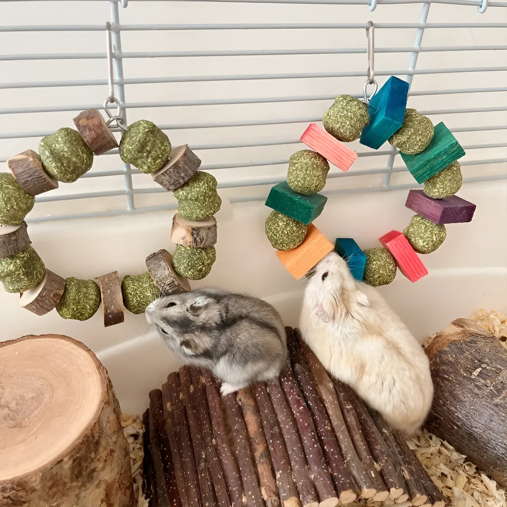 Small pet chew toy with straw ball ring design in colour sequin and applewood styles