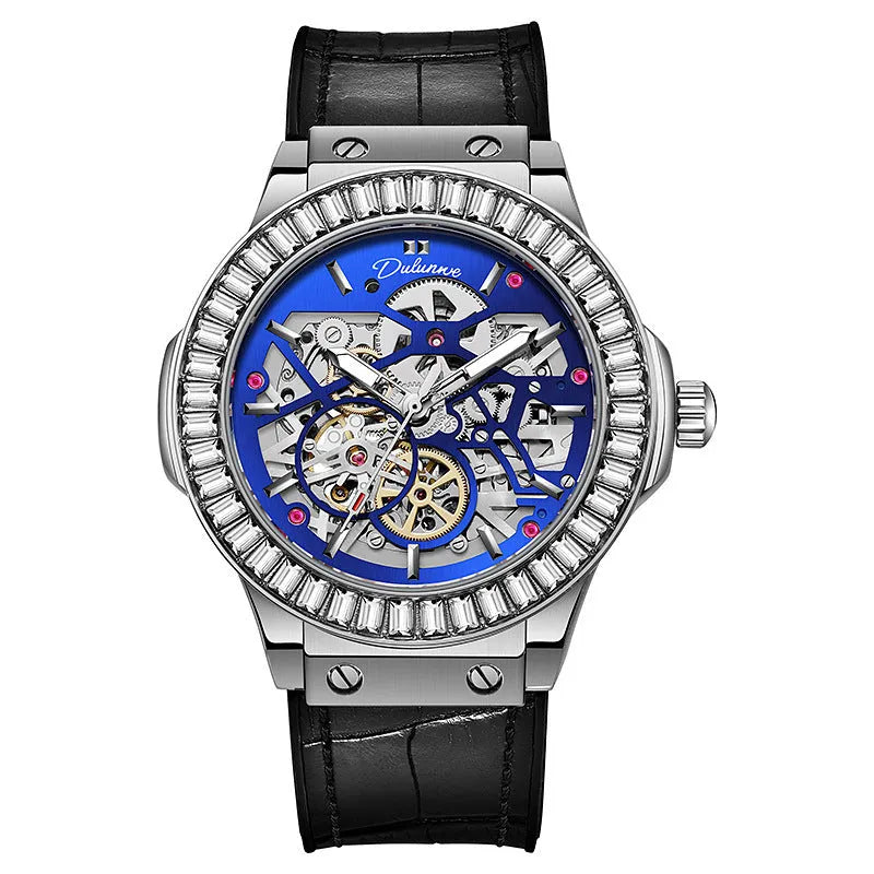 Men's automatic skeleton mechanical watch with diamond-studded dial in a white shell case.