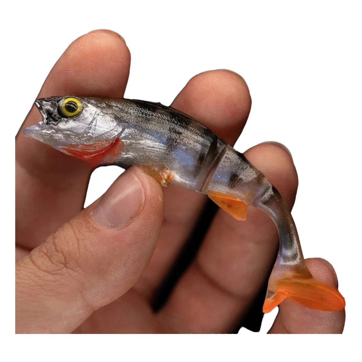 Fish T tail soft fishing lure in catfish/minnow design with paddle tail, fish pattern colour.
