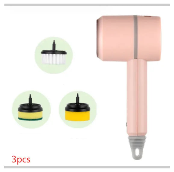 White rechargeable electric cleaning brush with multiple scrubber heads on a kitchen worktop.