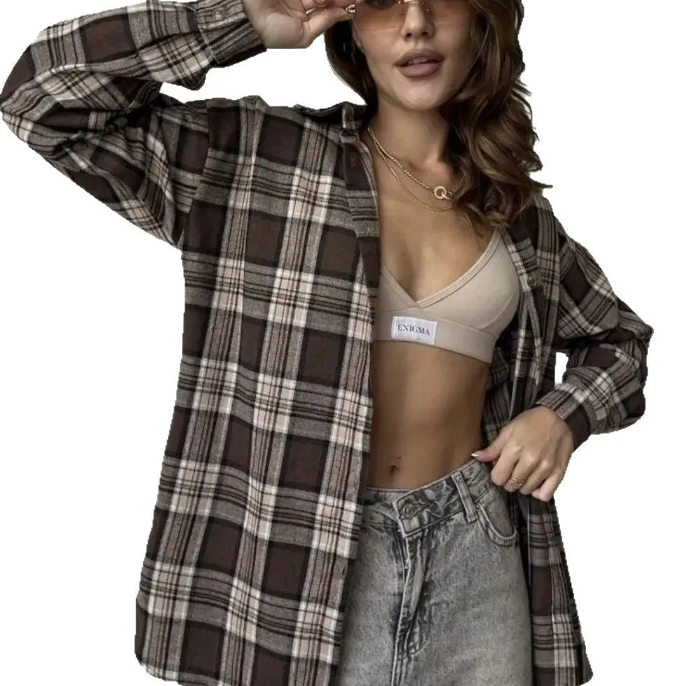 Women's dark brown striped long sleeve shirt with retro styling and optional pocket