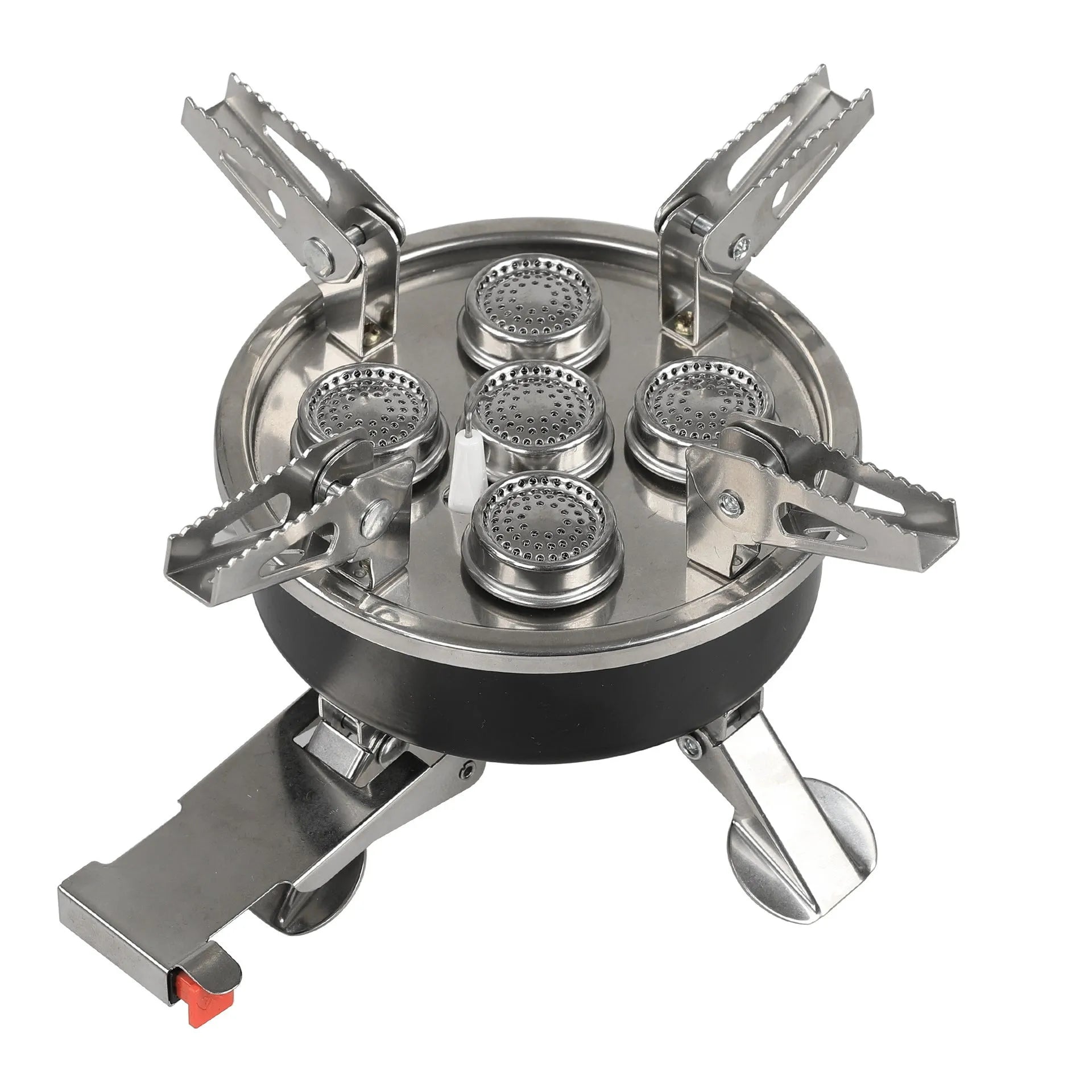 Silver portable stainless steel split camping stove shown with its 100cm fuel hose, folded to 155mm by 125mm.