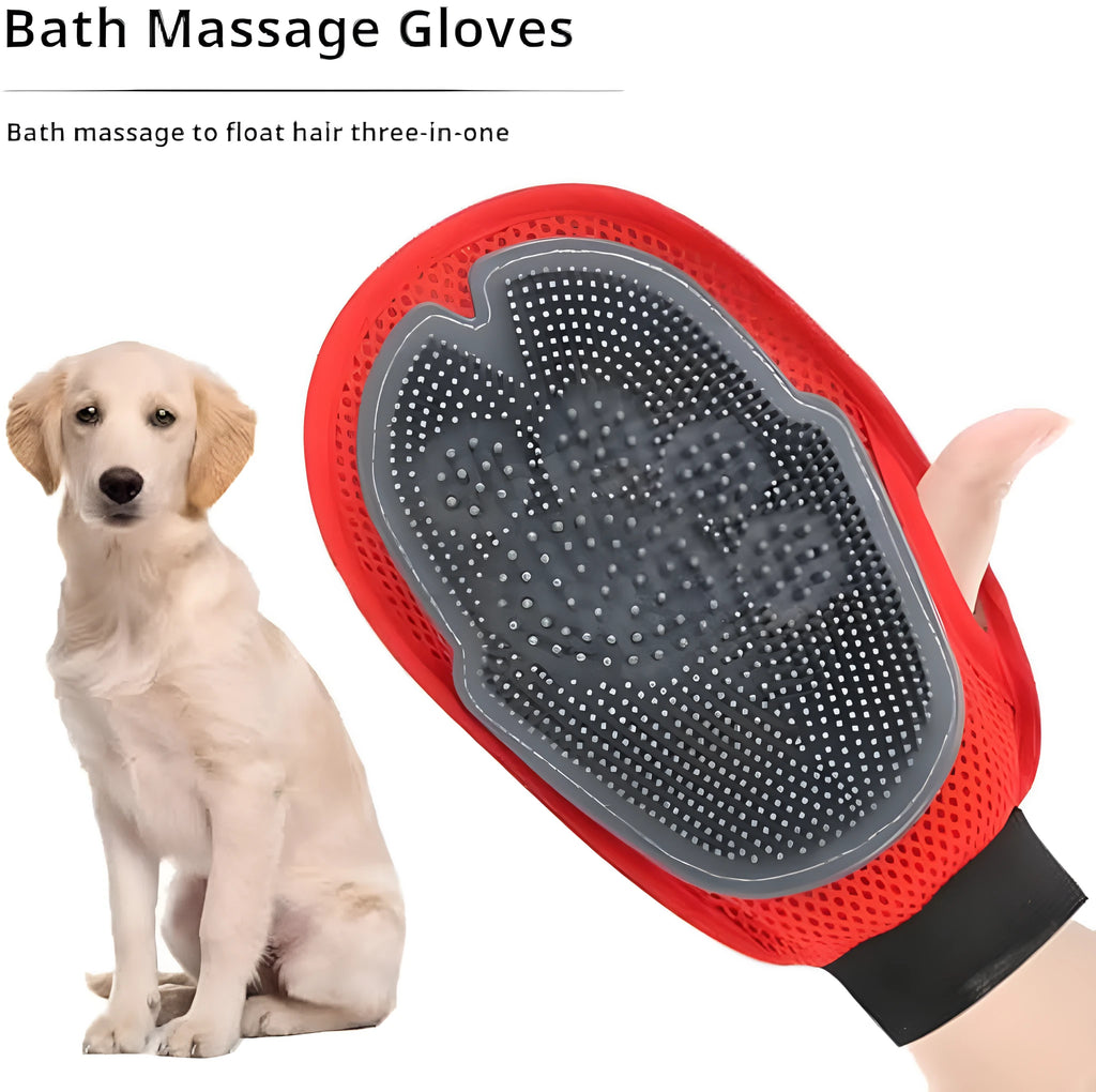 Red pet bathing and grooming glove with integrated brush elements, measures 26x16cm