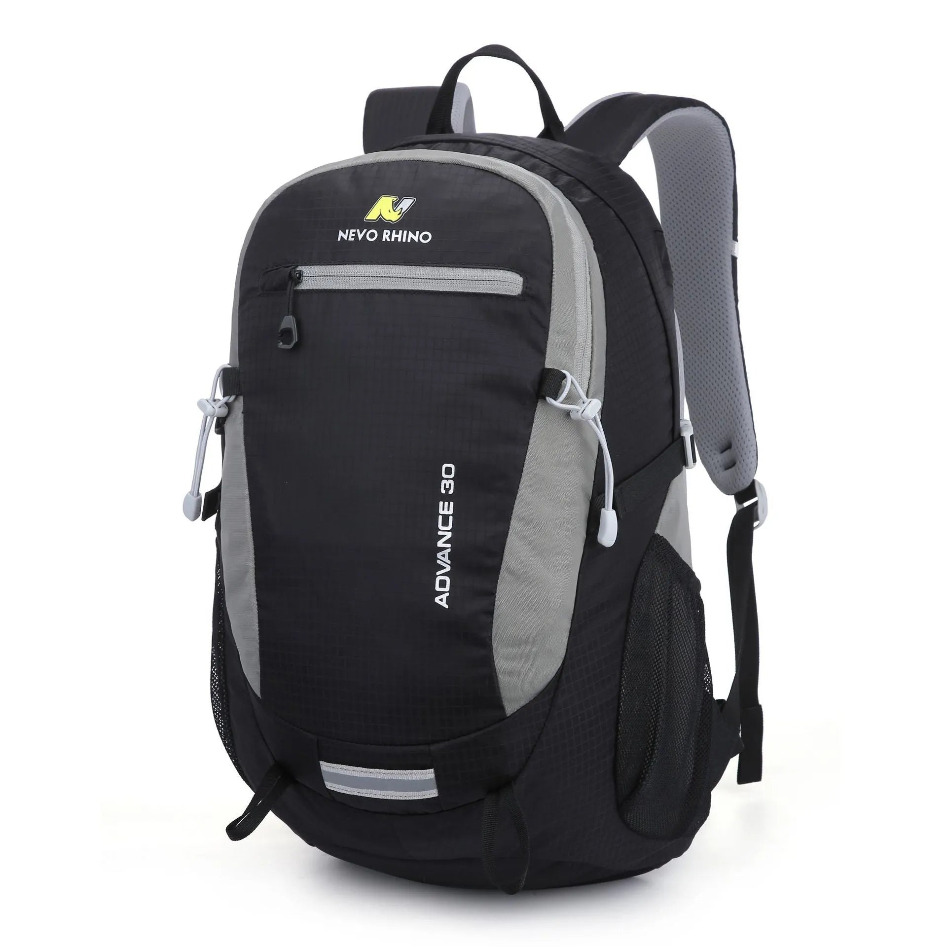 30 litre nylon waterproof backpack in dark green with airpillow straps, shown from the back.