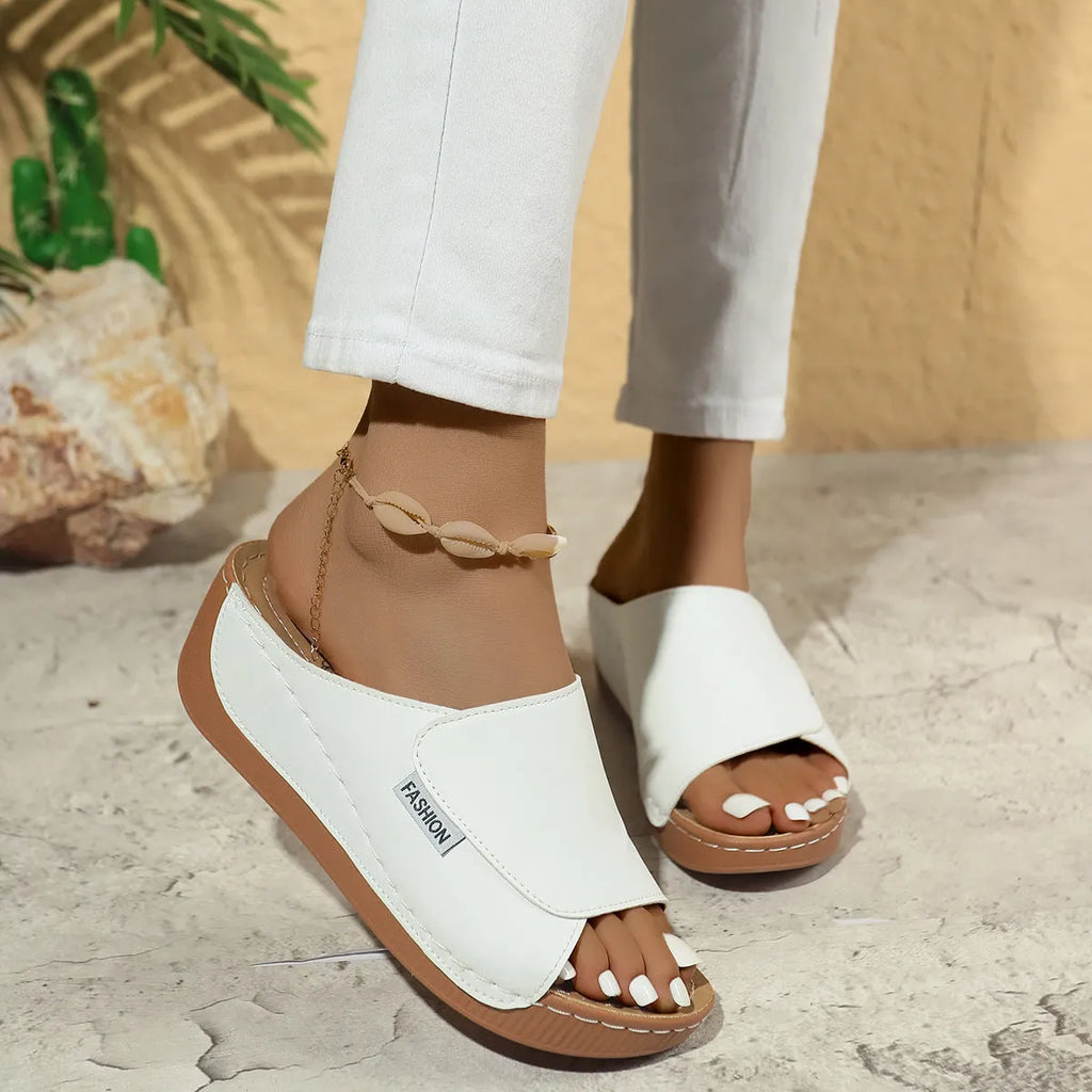 Women's wedge slippers sandals with fish mouth open toe and thick brown sole