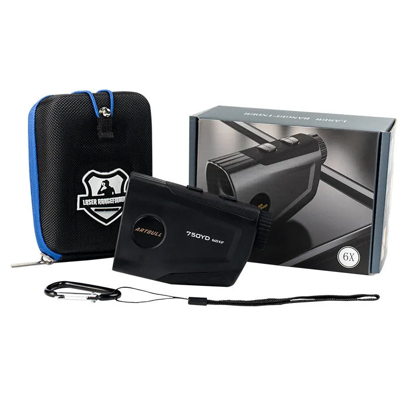 Golf laser rangefinder with LCD display showing distance measurement, featuring slope and flag lock functions.