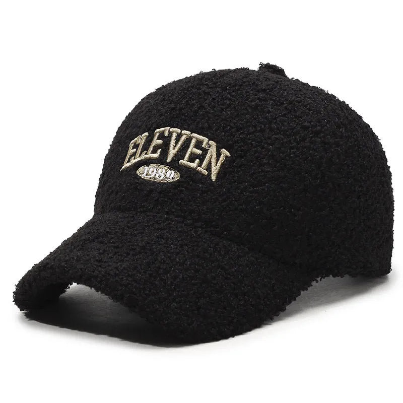 Adjustable winter baseball cap in thickened polyester lambskin fabric shown in multiple colour options