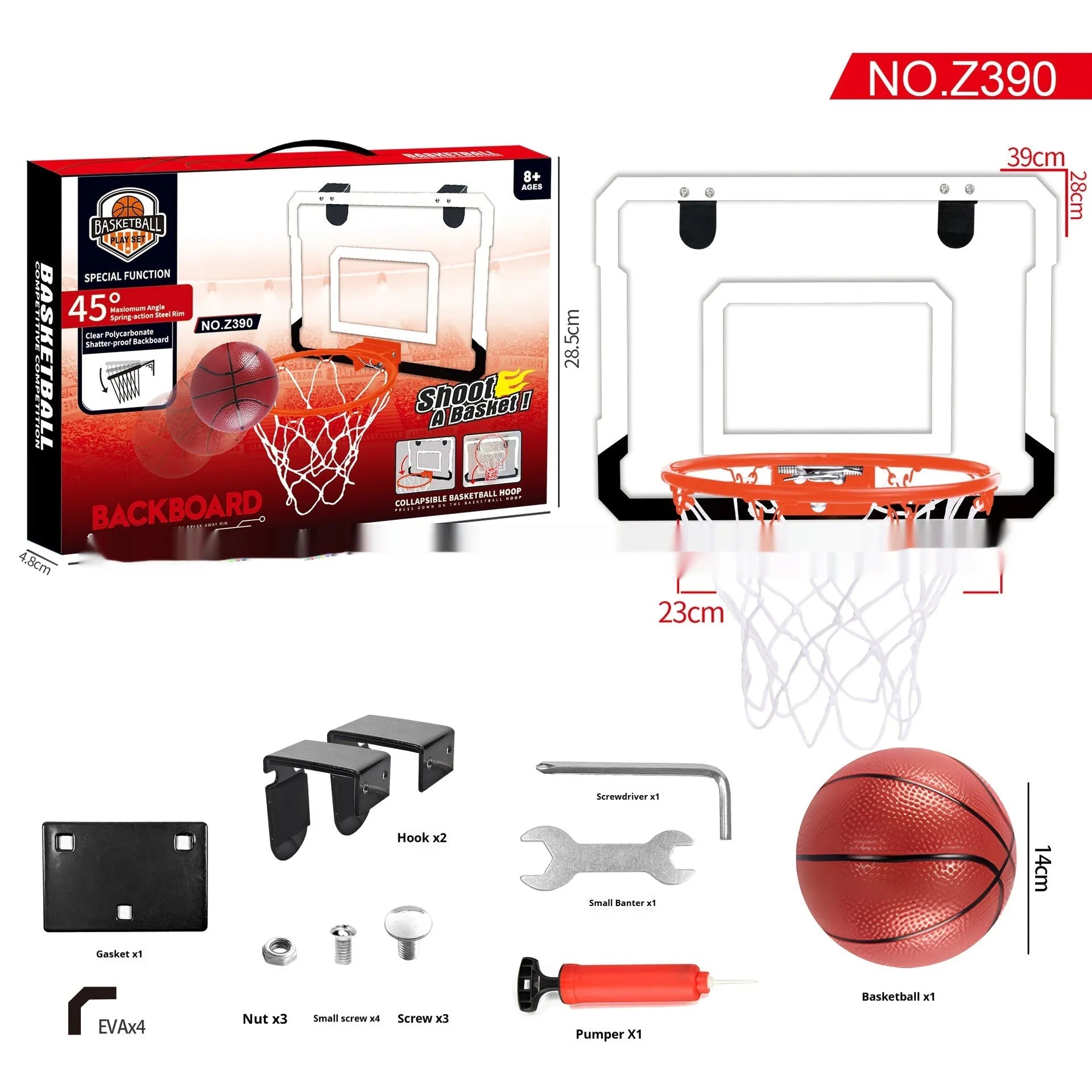 Red folding basketball frame with suction cup mount showing 400x300mm parallel panels and 16cm ball