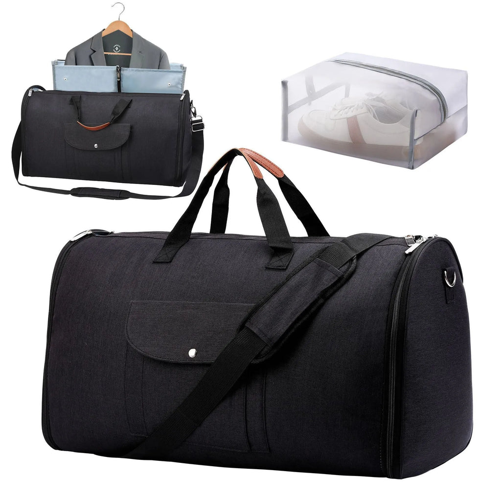 Folding duffel luggage bag in dark blue Oxford cloth with carrying handles.