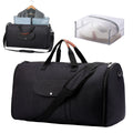 Folding duffel luggage bag in dark blue Oxford cloth with carrying handles.