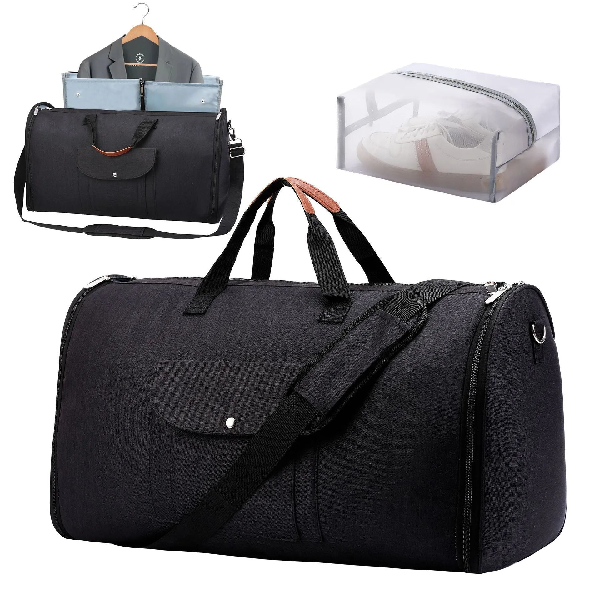 Folding duffel luggage bag in dark blue Oxford cloth with carrying handles.