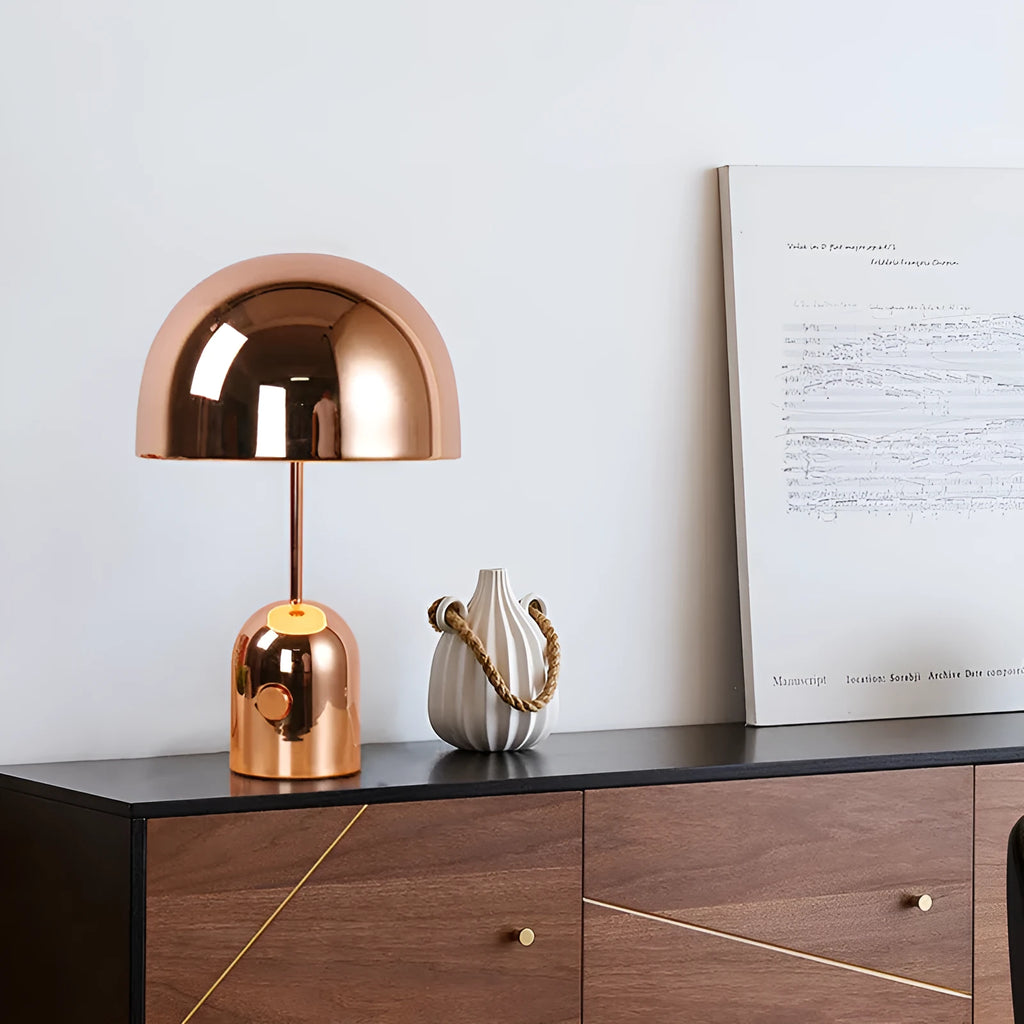 Mushroom table lamp with metal base in rose gold finish measuring 280mm wide