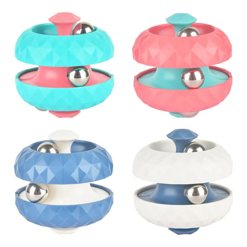 Diamond pattern ball track gyro Rubik's cube decompression fidget toy in blue and pink ABS plastic on white background