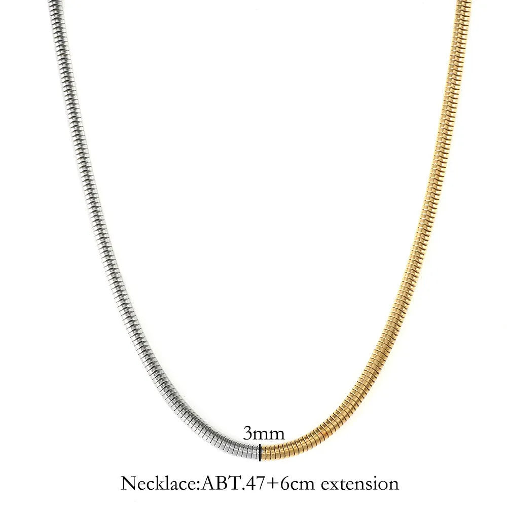 Golden stainless steel snake bones chain necklace, 3mm wide, for women's hip-hop fashion.