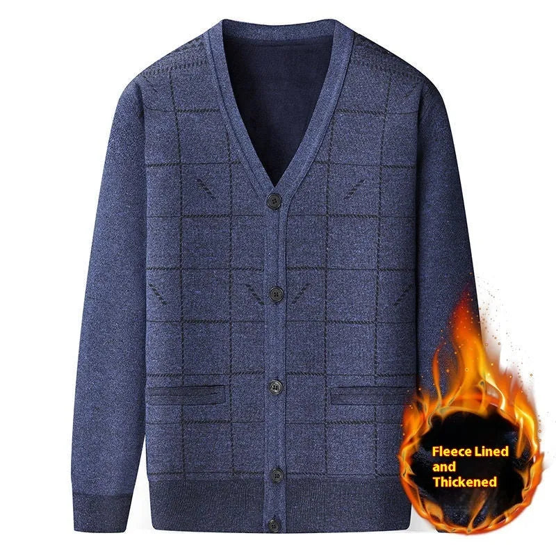 Men's grey batwing sleeve cardigan with velvet lining, shown on a hanger.