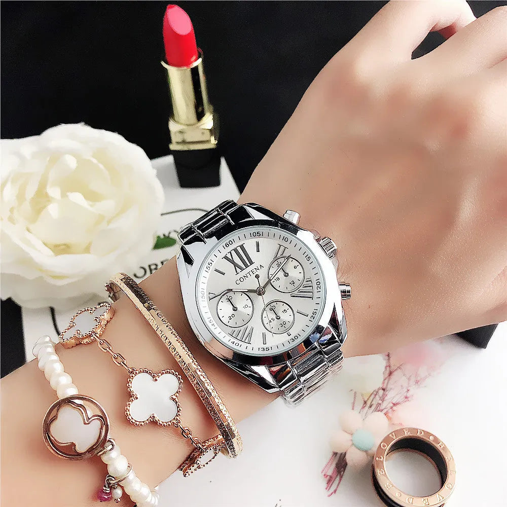 Women's silver rose gold diamond quartz mesh strap watch with 15mm thick case