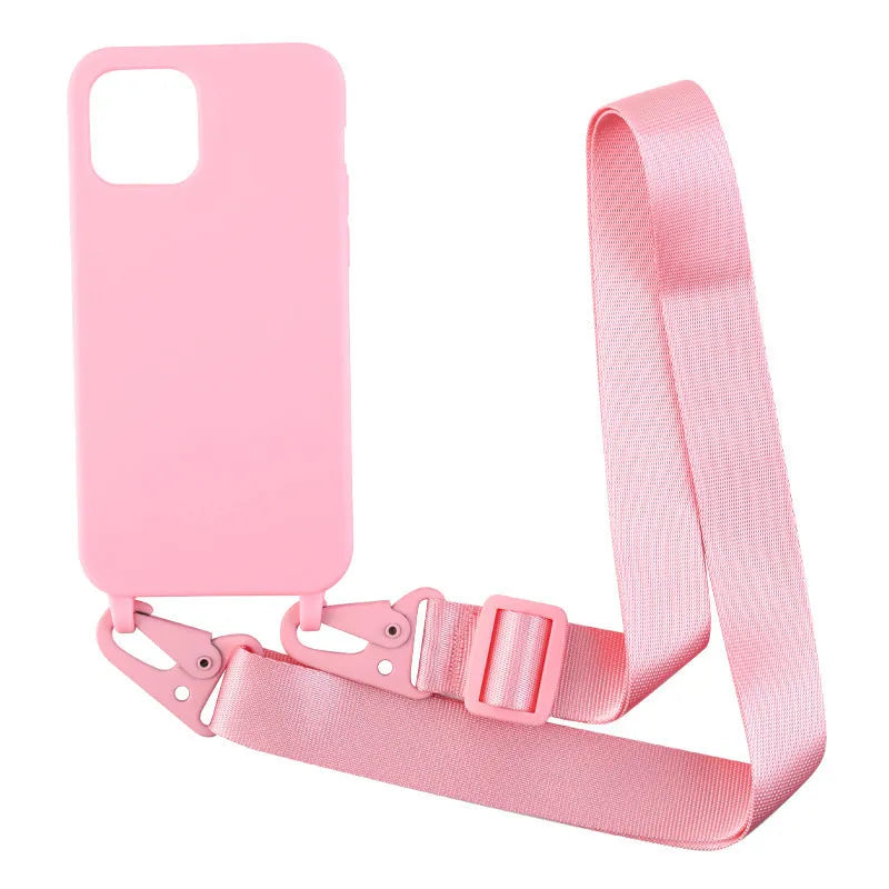 Black TPU buckle ribbon lanyard phone case protective sleeve with lanyard and opening for camera.