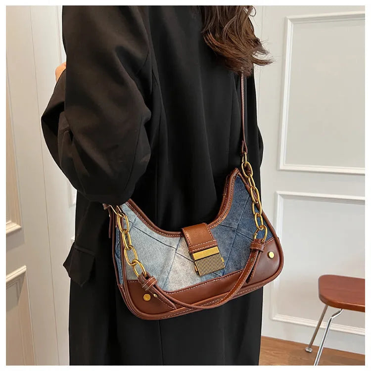 Brown denim women's shoulder bag with chain straps and diamond mesh decorative accents