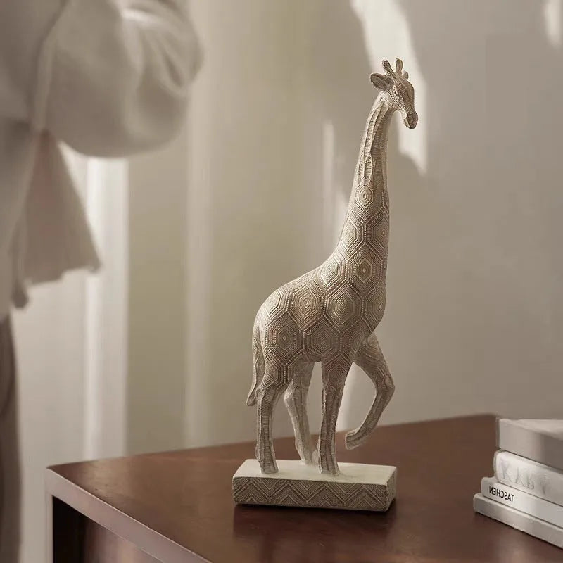 Wood colour synthetic resin giraffe ornament for shelf decoration.