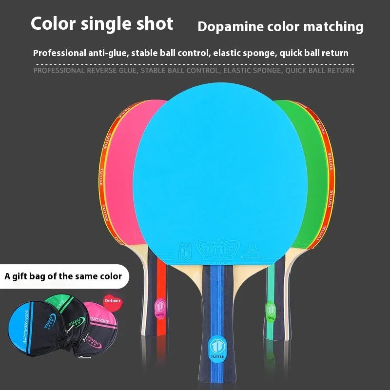 A pink pure wood table tennis racket with a long shakehand grip handle next to its matching protective cover.