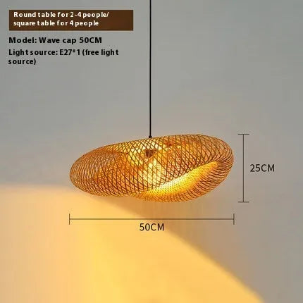 Bamboo straw hat shaped hanging pendant lamp with woven texture on a ceiling.