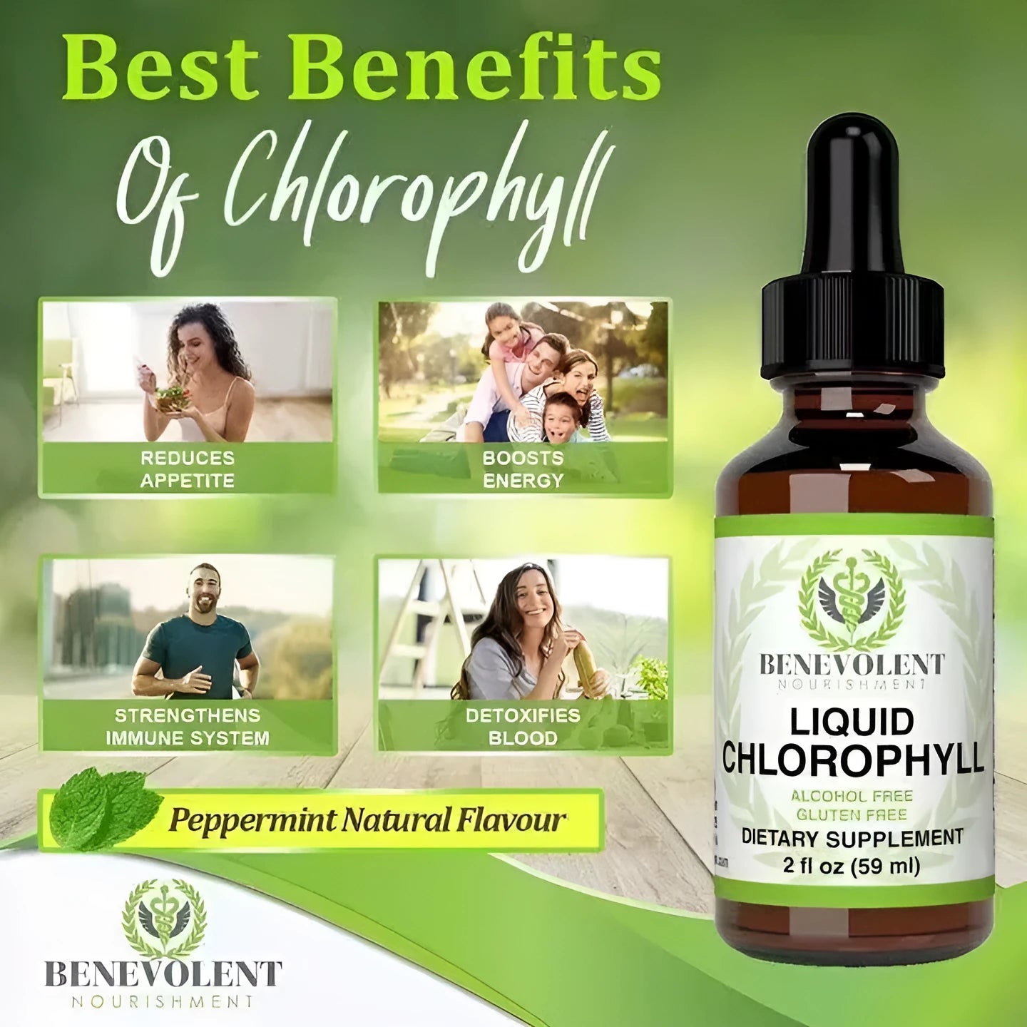 60ml glass bottle of natural liquid chlorophyll drops with dropper for adult supplementation.