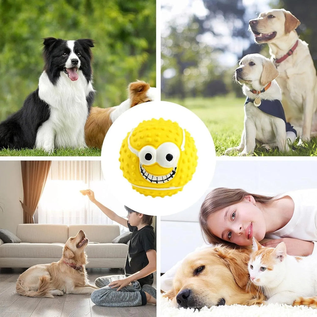 Green, orange, and yellow squeaky latex dog balls with smiley faces for pet play.