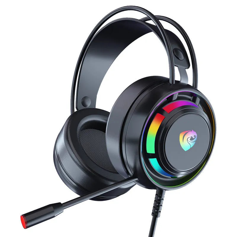 Black wired over-ear computer headphones with a microphone and long cable.