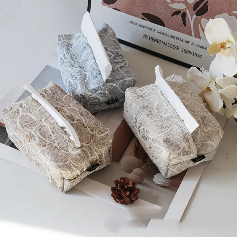 Chinese style floral print cotton fabric tissue box in beige, blue, or brown, 17cm long.