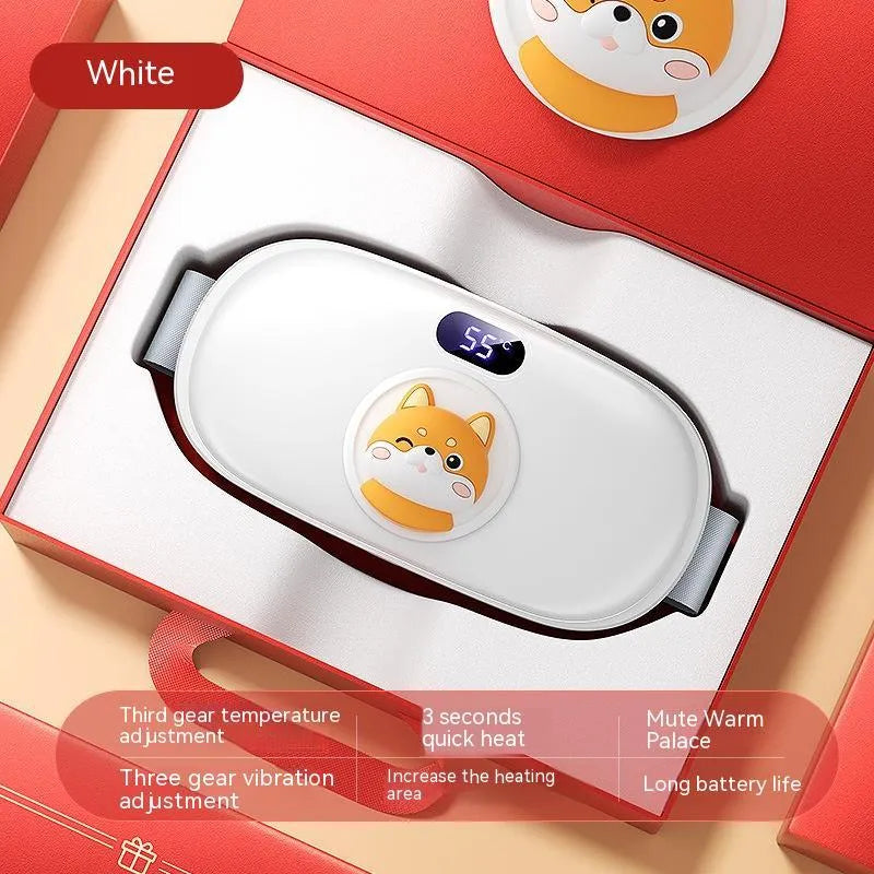 Rechargeable stomach heating pad with cute cat beige flannel cover showing 2000mAh battery and 45-65°C adjustable temperature