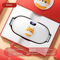 Rechargeable stomach heating pad with cute cat beige flannel cover showing 2000mAh battery and 45-65°C adjustable temperature