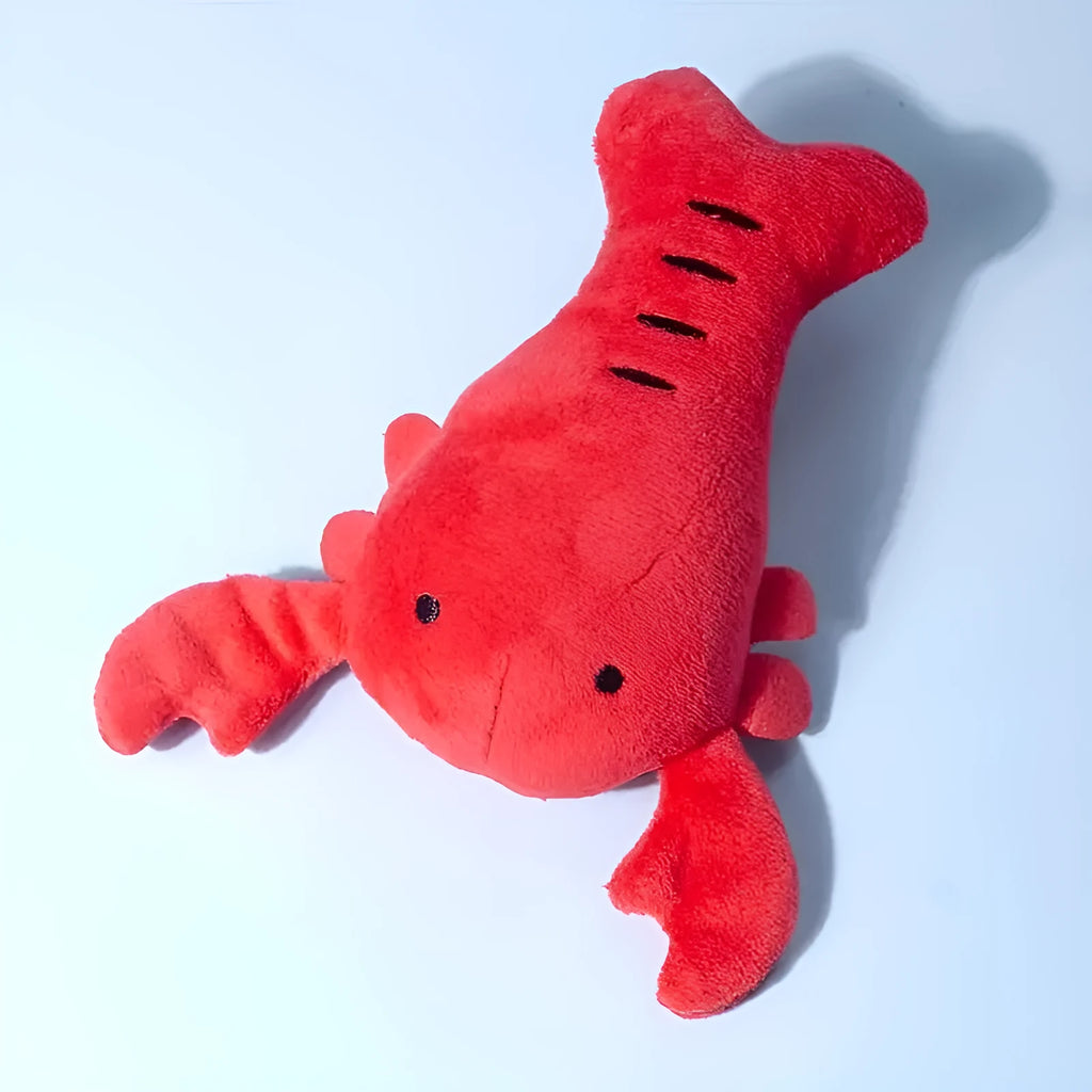 Red lobster-shaped squeaky dog toy with crab-lobster design measuring 12.5cm long