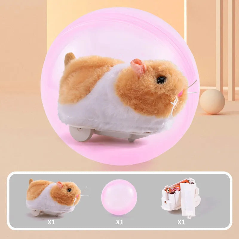 Hamster rolling ball exercise toy with transparent sphere on battery base and plush shell covers