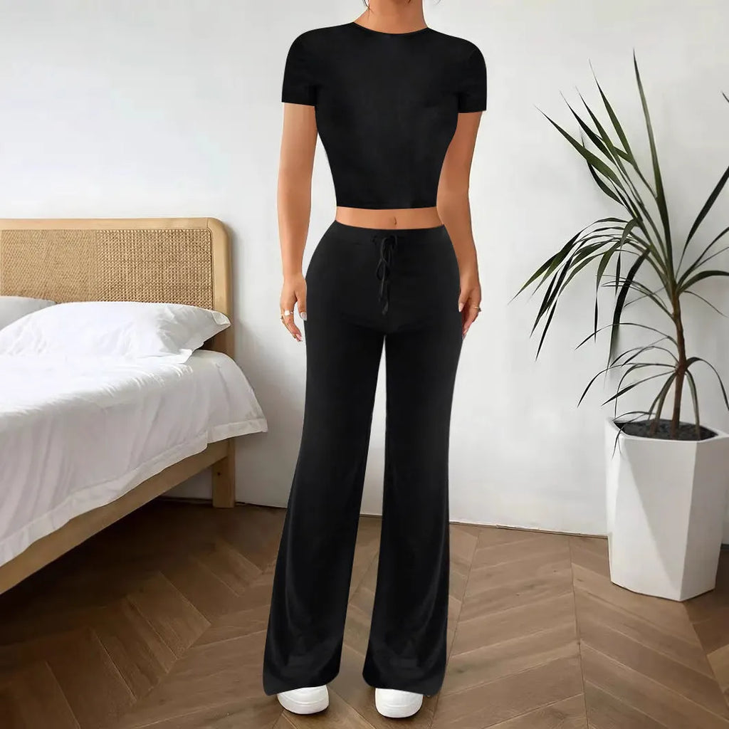 Black high waist trousers and short sleeve T-shirt suit set on hanger