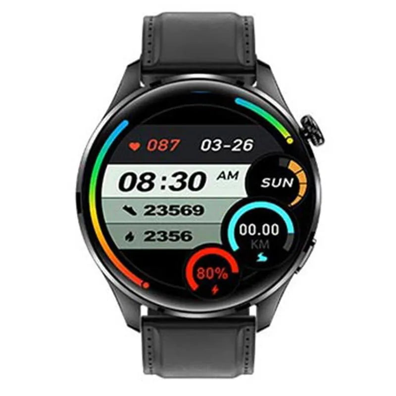Smartwatch with round IPS screen on a black silicone strap, showing Bluetooth calling and access control interface.