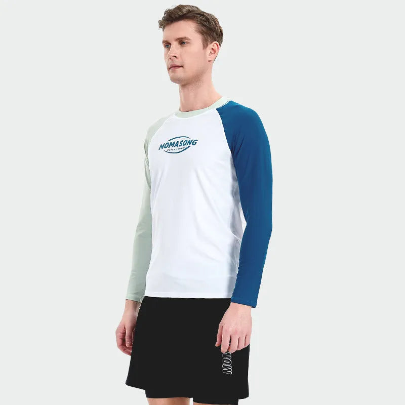 Men's white long sleeve swim top and matching double-layer swim trunks set