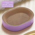 Green oval corrugated paper cat scratch board and nest bed for cats on a wooden floor.