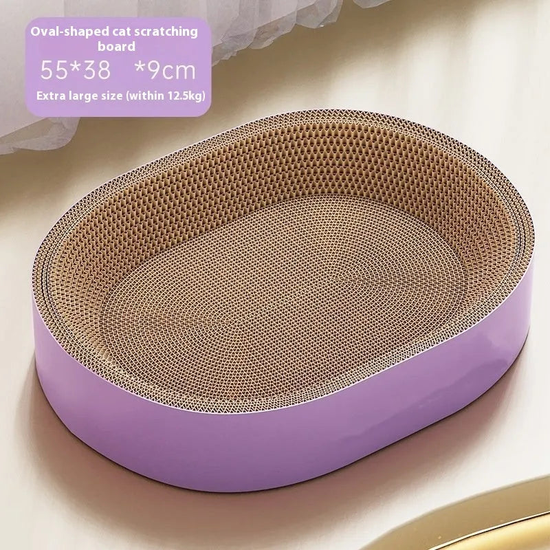 Green oval corrugated paper cat scratch board and nest bed for cats on a wooden floor.