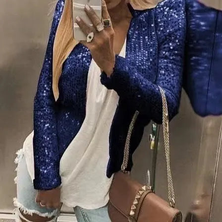 Short casual slim fit sequin coat for women in 50cm length with regular sleeves