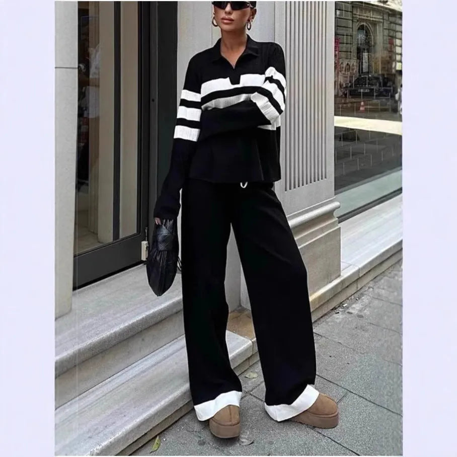 Women's black and white striped polo collar knit top with matching trousers casual two-piece set