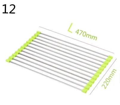 Stainless steel folding kitchen drain rack with plastic tubes in a kitchen sink