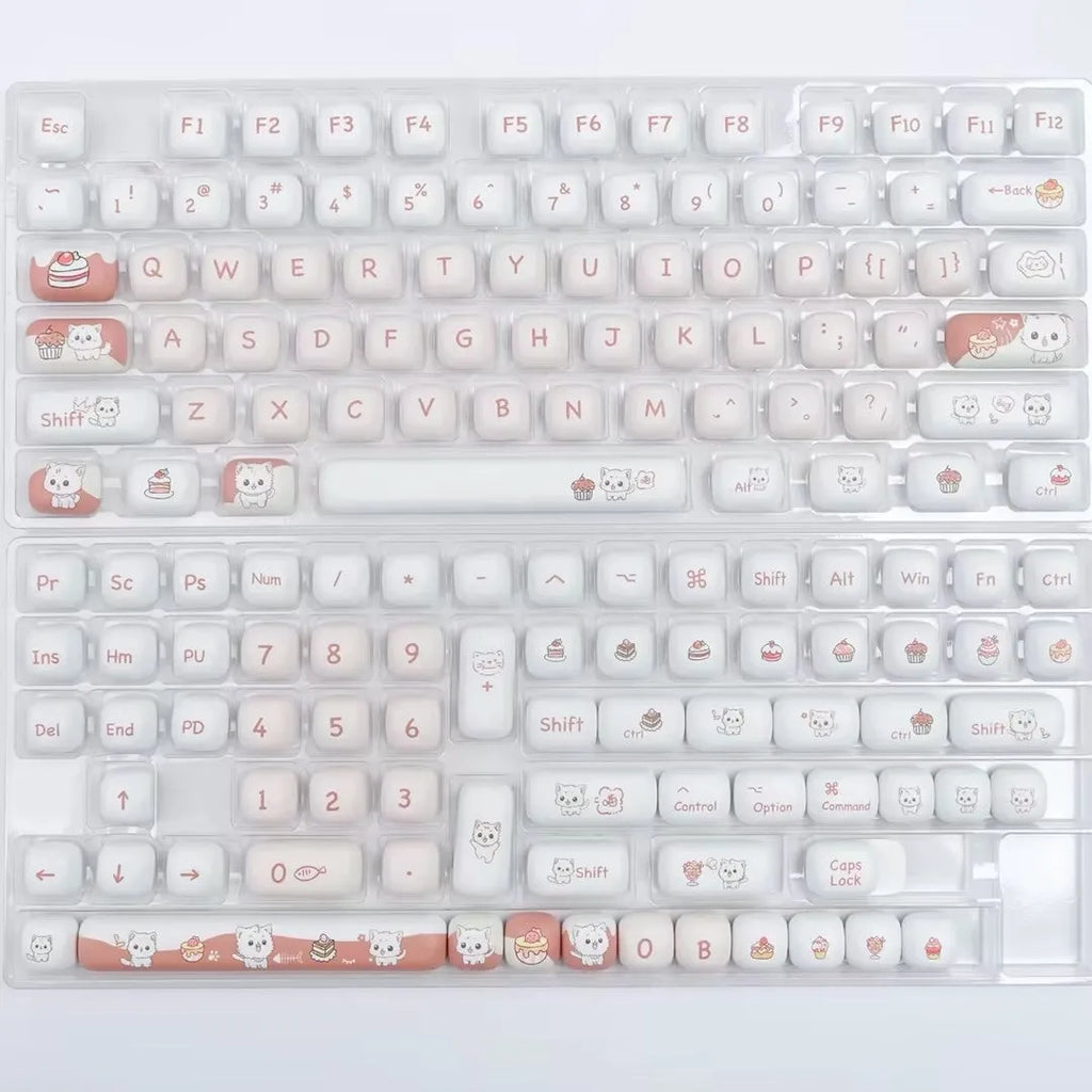 Set of colourful cartoon dessert cat themed key caps for mechanical keyboards on a white background.