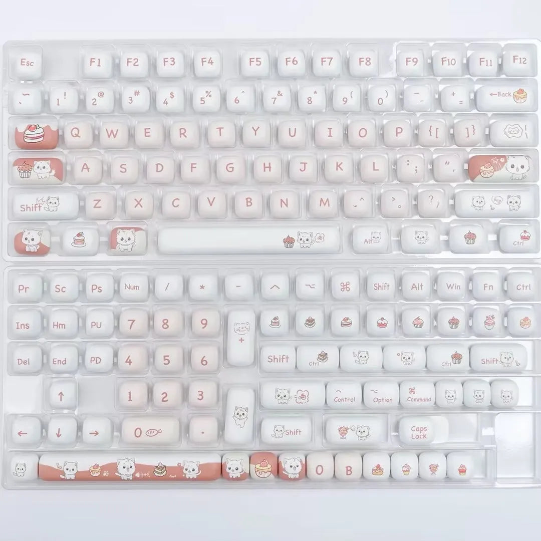 Set of colourful cartoon dessert cat themed key caps for mechanical keyboards on a white background.